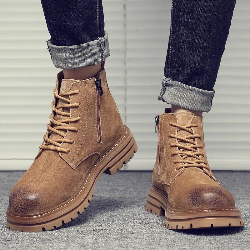 Men's Genuine Leather High-Top Martin Boots: Winter, Velvet-Lined, British Retro Style in Big Yellow, Versatile and Casual Workwear.