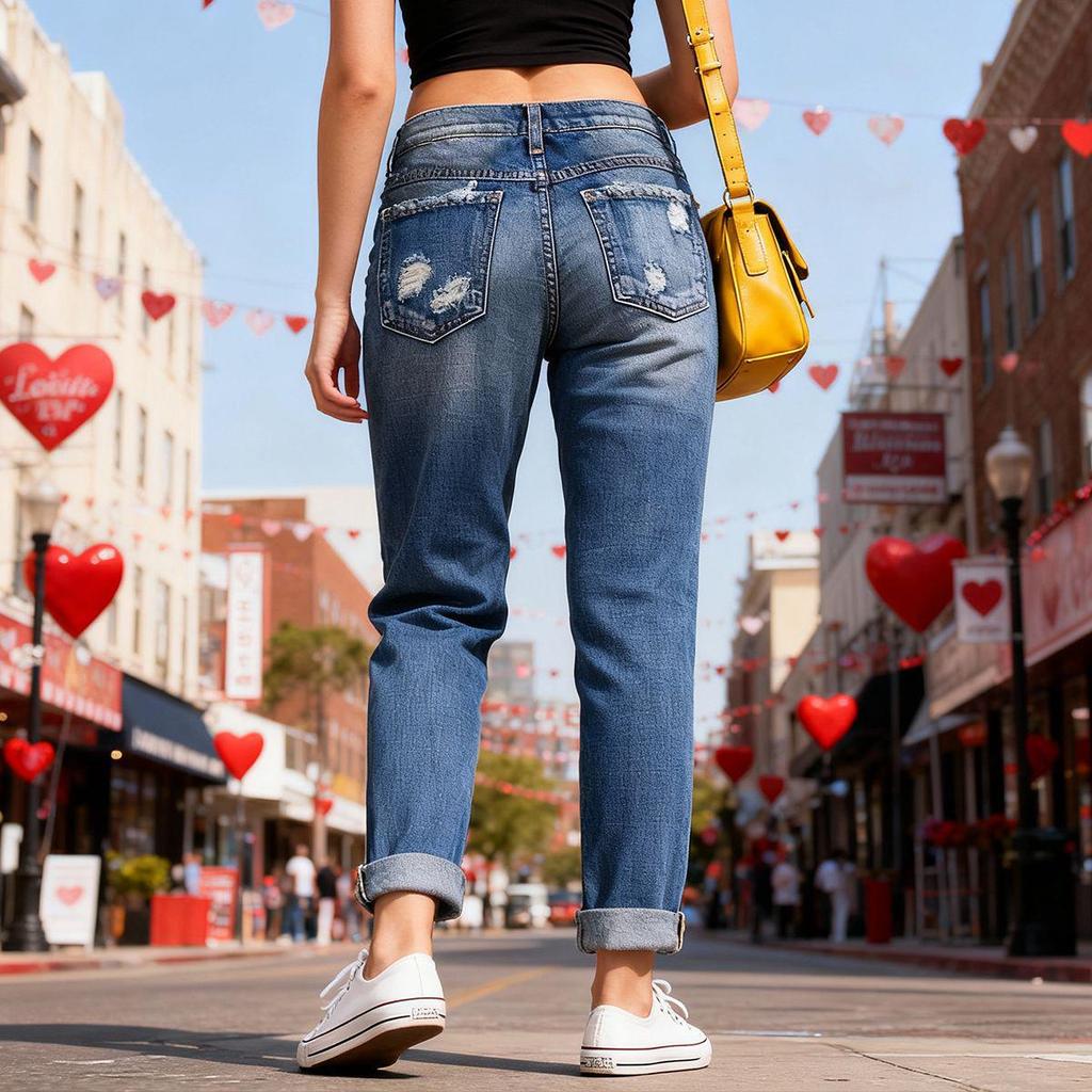 Valentine's Day Pink Leopard Print Ripped Denim Pants