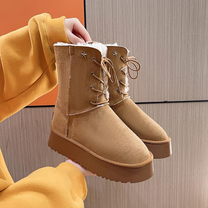 Winter Women Shoes Round Toe Thick Heel Boots Women Cow Suede Leather Shoes for Women Warm Wool Blend Platform Boots Snow Boots