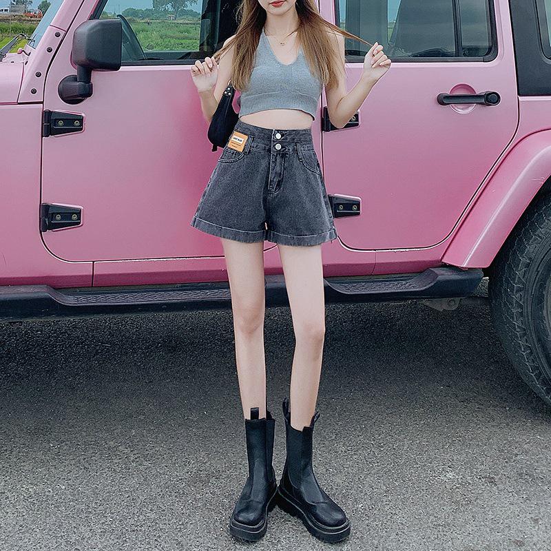 Women's Ultra High Waist Gray Denim Shorts - Double Button, A-Line, Wide Leg, Petite Size