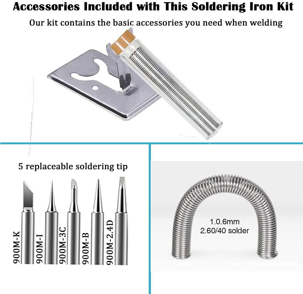 60W Adjustable Soldering Iron Kit with Stand, Solder Wire, and 5 Tips