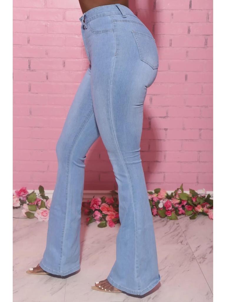 Dámské džínové kalhoty s vysokým pasem a rozšířenými nohavicemi - Dostupné velké velikosti