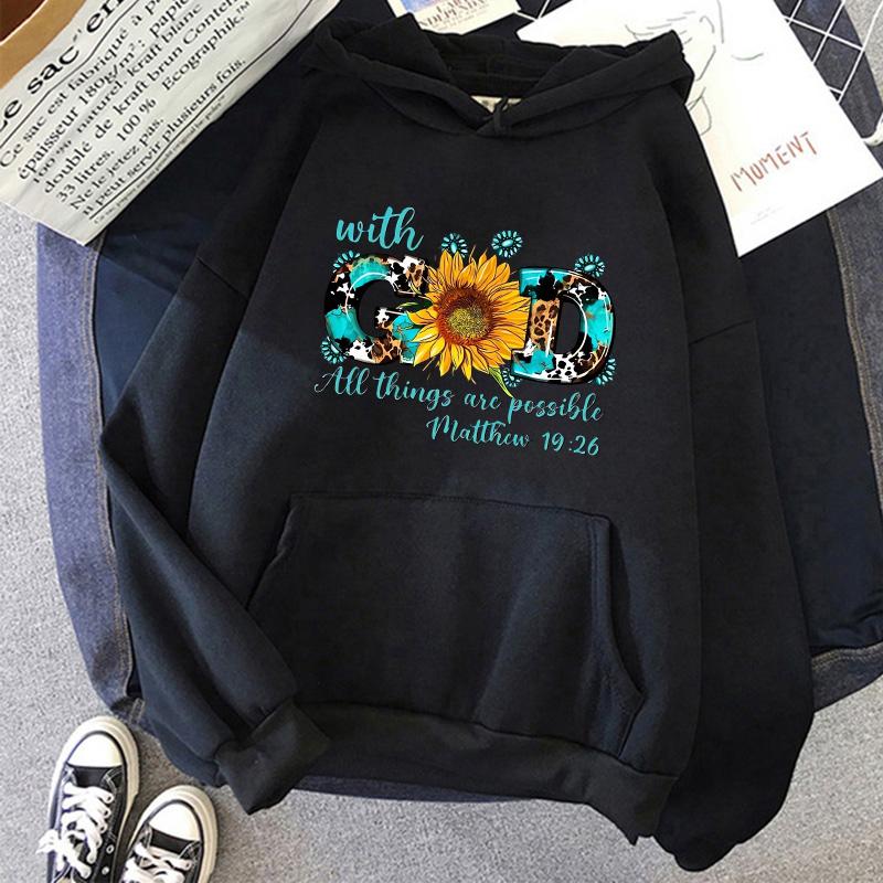 With God All Things Are Possible Matthew Print Hoodies Women's Funny Graphic Hoody Casual Graphic Pullovers Sweatshirts