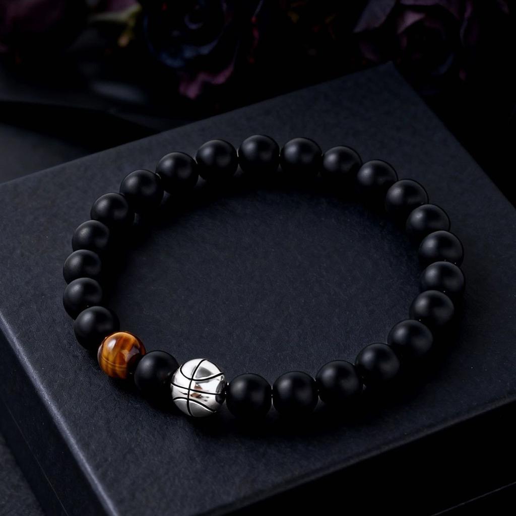 Festive Gifts Matte Black Onyx Tiger Eye Basketball Charm Beaded Bracelet Sporty Fashion Jewelry For Men Daily Wear Gift