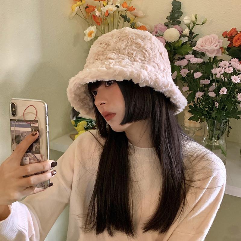 Fluffy Warm Beige Winter Hat For Women Sweet Korean Style Ear Bucket Protection
