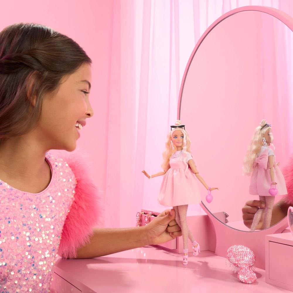 Barbie Deluxe Style Doll #3 Inch Core Outfit Top Knot Blonde Hair Pink Pastel Dress Ribbon Mesh Tights and More