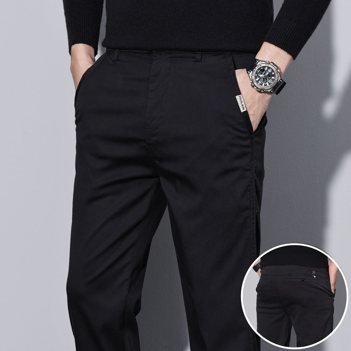 

Autumn and winter new casual pants men s straight trend medium and thick elastic light business slim and thin pants 28 чёрный