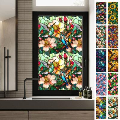Stained Glass Static Window Film Vintage Flower Privacy Protection Sun Blocking Glass Cling Waterproof PVC Window Covering Film