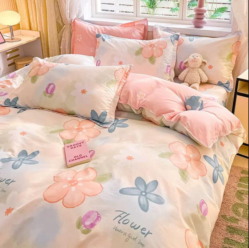 Duvet Cover and 2pc Pillowcases 100% Cotton Cartoon Plaid Printed Bed Linen Twin Full Queen King Size 24 Sizes Home Bedding Set