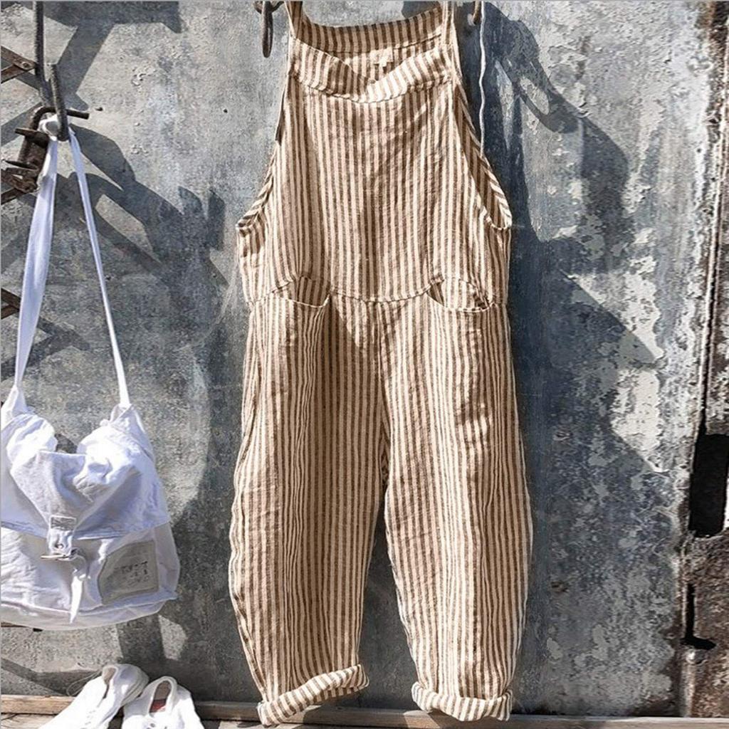 Women's Casual Fashion Pocket Tie Sleeveless Striped Jumpsuit