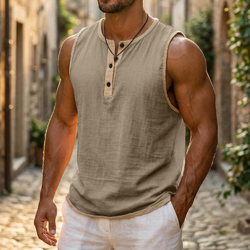 Men Color Block Sleeveless Muscle Workout Gym Shirts Casual Button Down Slim Fit Tee
