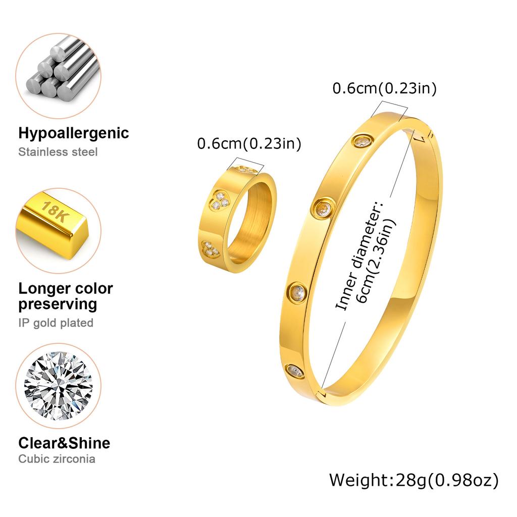 Vnox Luxury Love Ring Bracelets Gift for Women, Heart CZ Stone Inlay Gold Plated Stainless Steel Cuff Bangles, Mothers Day Gift