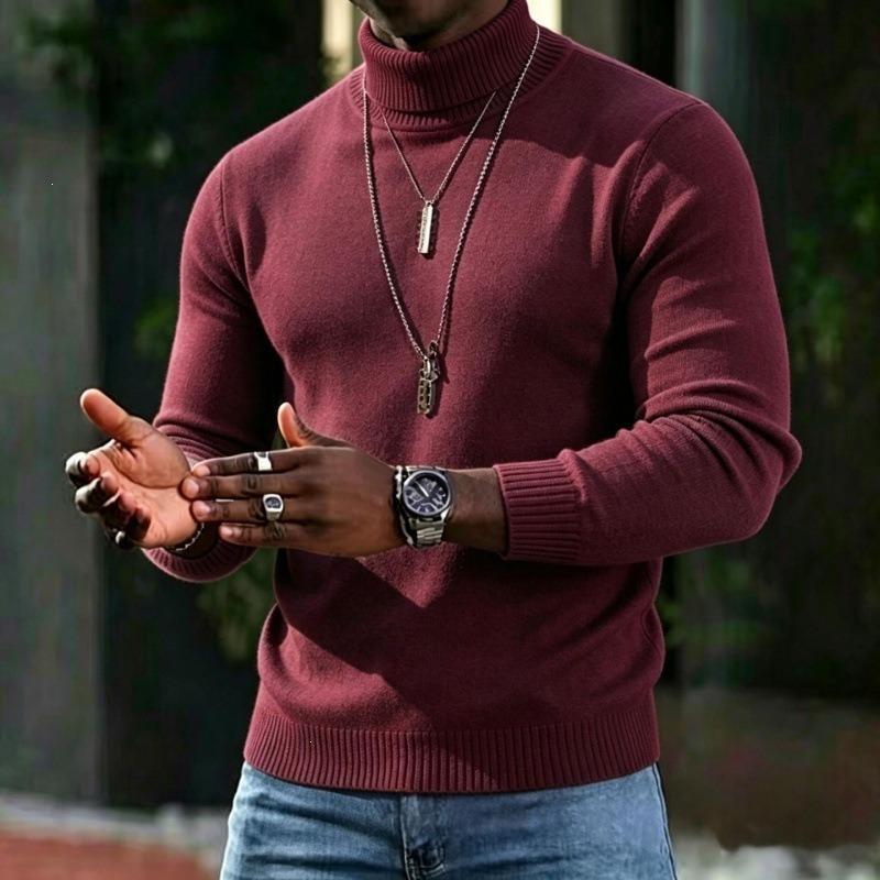 Men S High Neck Slim Fit Solid Color Pullover Knit Sweater