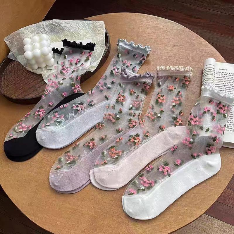 Women Summer Floral Embroidery Thin Transparent Long Socks Mesh Socks Flowers Socks