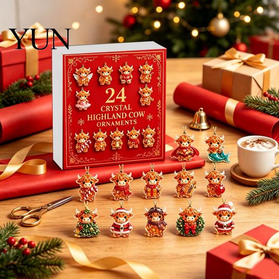 Collectible Highland Cow Figures Advent Calendar, 24 Pcs Acrylic Hanging Ornaments for Christmas Tree Accessories Decoration, Festive Countdown