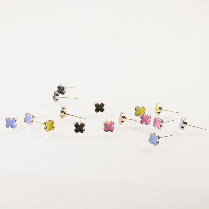 S925 Silver Needle Exquisite Versatile Dripping Oil Four Leaf Clover Combination Set Earrings Women's Personality Fashion Simple Small Earrings