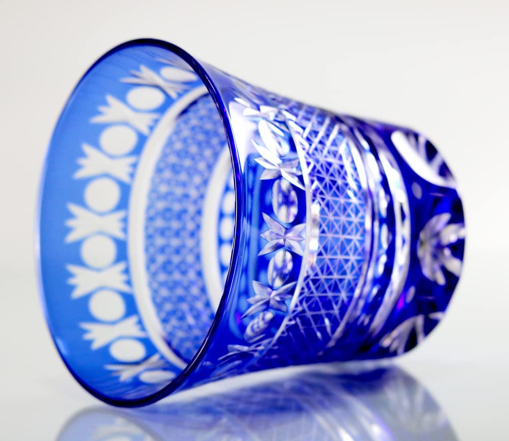 GREEM MARKET Crafts with Wooden Box Glasswork Kiriko Glass Cup Shochu Glass Kiriko Glass Product GMS00726 Number (Blue)