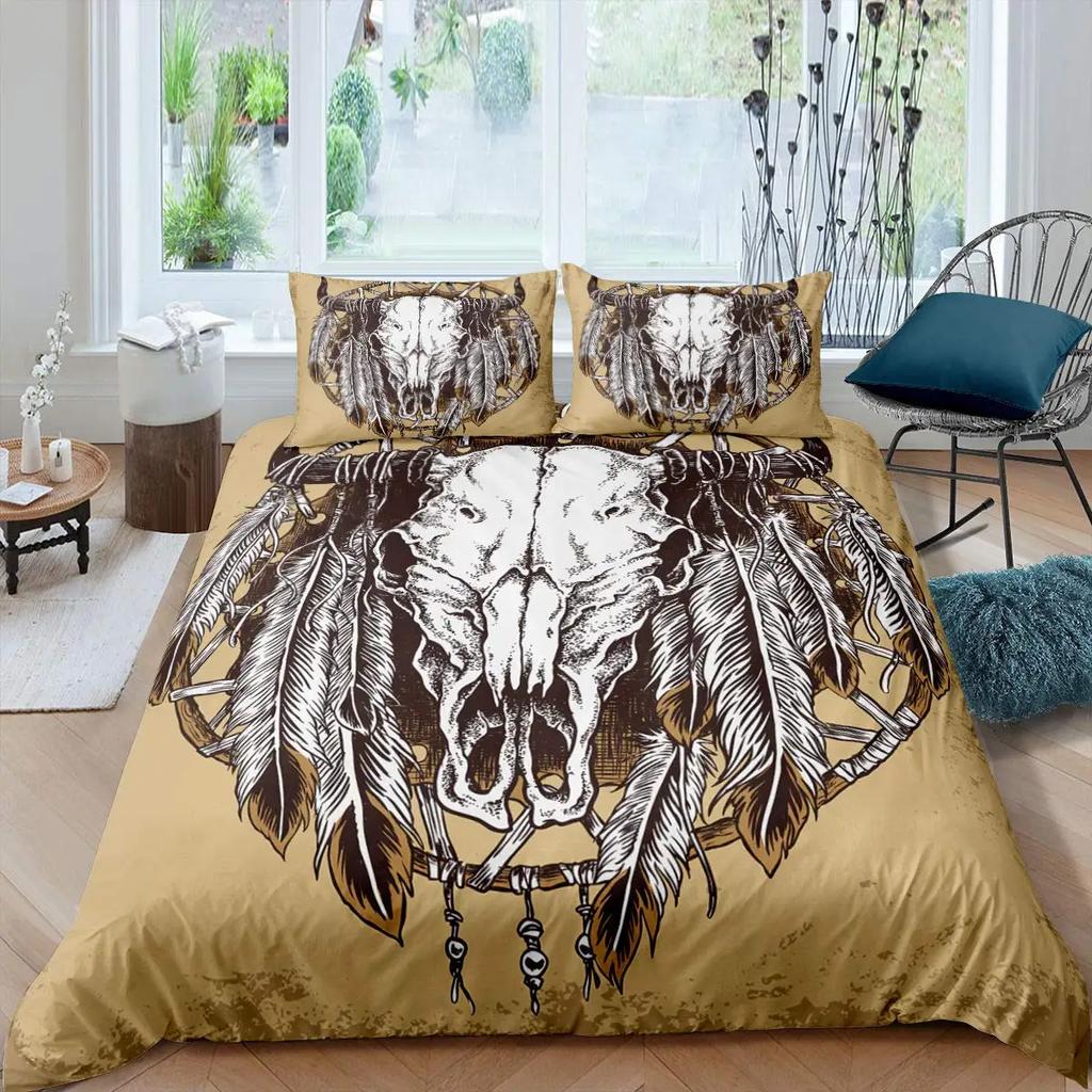 Cow Skull Duvet Cover Queen Sunflower Cattle/Bull Skeleton Bedding Set Botanical Floral Leaves Boho Tribal Polyester Quilt Cover