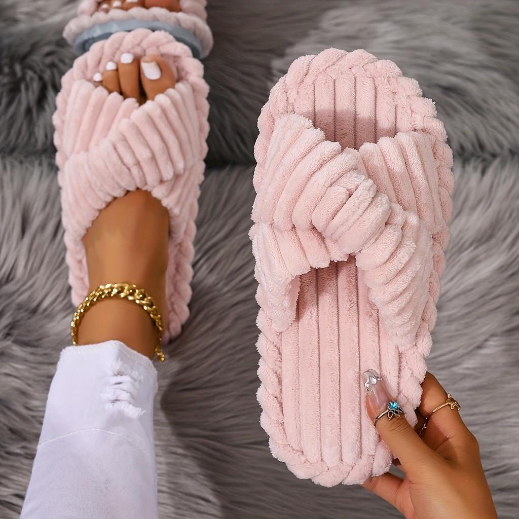 Couple Style Slippers, Lightweight for Home Use. Classic Elegance, Crossed Straps, Fluffy and Soft, Skin Friendly and Warm, One Foot Kick