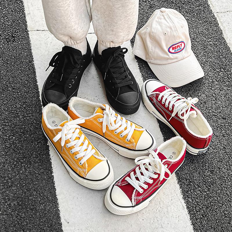 Men's Shoes Velvet Canvas Shoes Men's Autumn and Winter New Versatile Warm Two Cotton Shoes Men's Casual Board Shoes