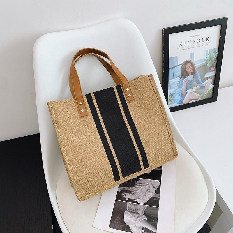 Women's Handbag Portable Business Stripes Simple Square Canvas Big Bag