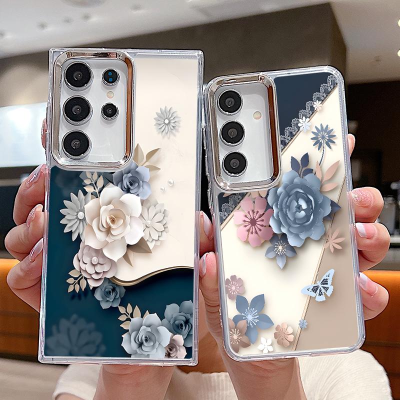Romantic Rose Flower Pattern Case For Samsung S26 S25 Ultra S24 FE S23 Plus S22 S21 A15 A16 A17 A35 A36 A37 A54 A55 A56 A57 5G Plating Lens Soft Cover