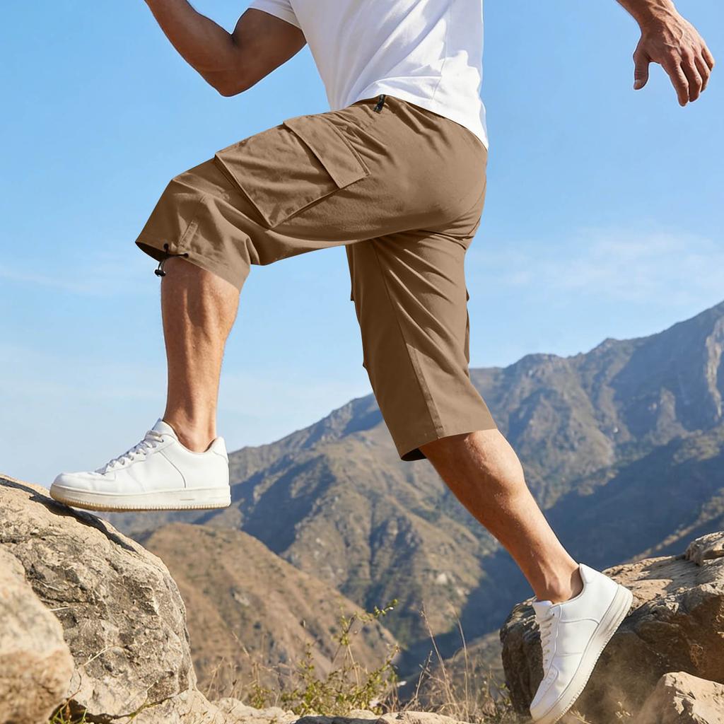 Men’s Casual 3/4 Length Cargo Shorts Elastic Waist Relaxed Fit Lightweight Multi Pocket Knee Length Pants