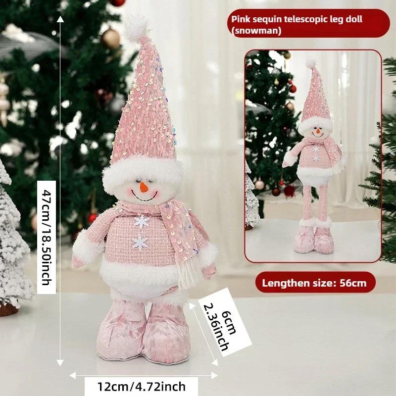 Standing Extendable Christmas Santa and Snowman Plush Doll Pink Glitter Toy Holiday Home Decor Ornament for Table Desk