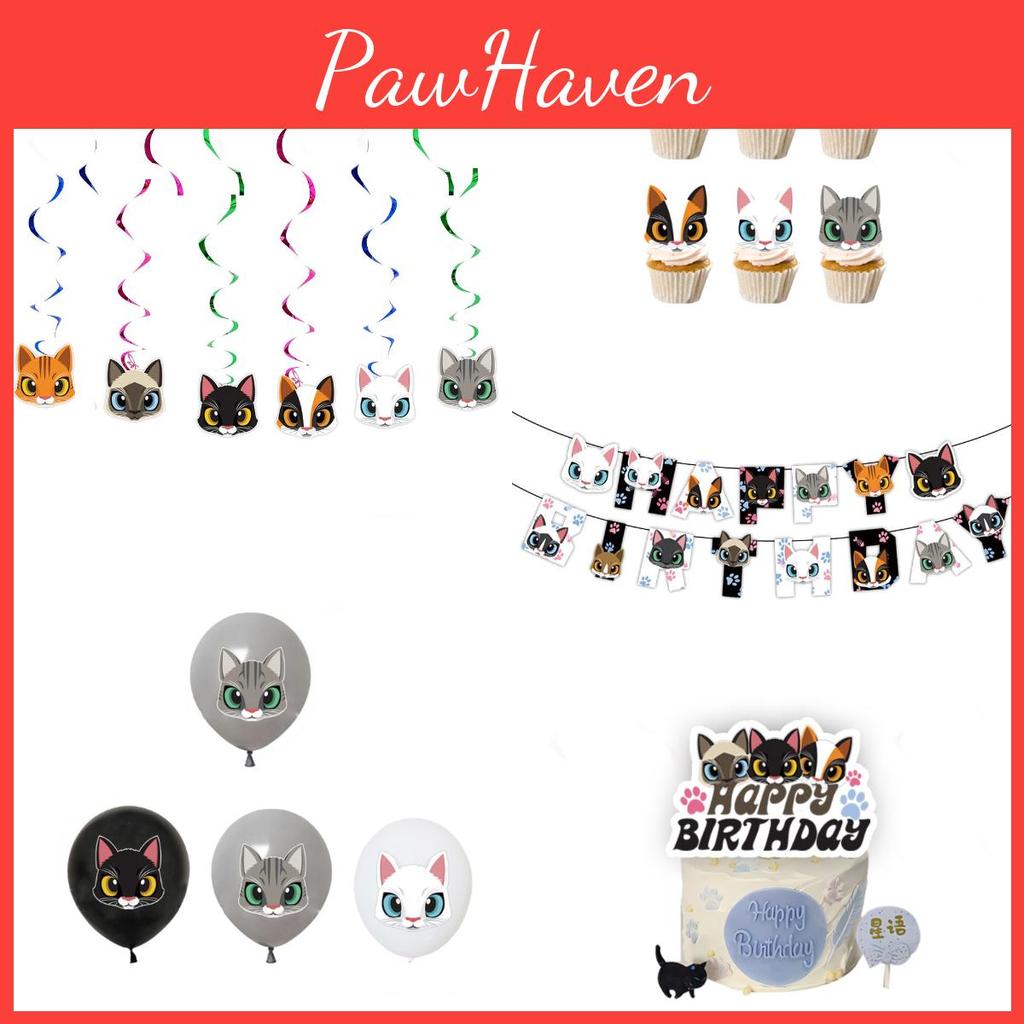 Cute Black And White Cat Birthday Party Supplies Set Cake Topper Flag Balloons And Hanging Decorations Included!