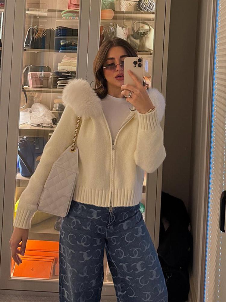 Women's Hooded Zipper Khaki Sweater Cardigan Fur Hat White Knitted Cardigan Furry Hat Knitted Jacket Women's Warm Black Sweater Lining Autumn Winter