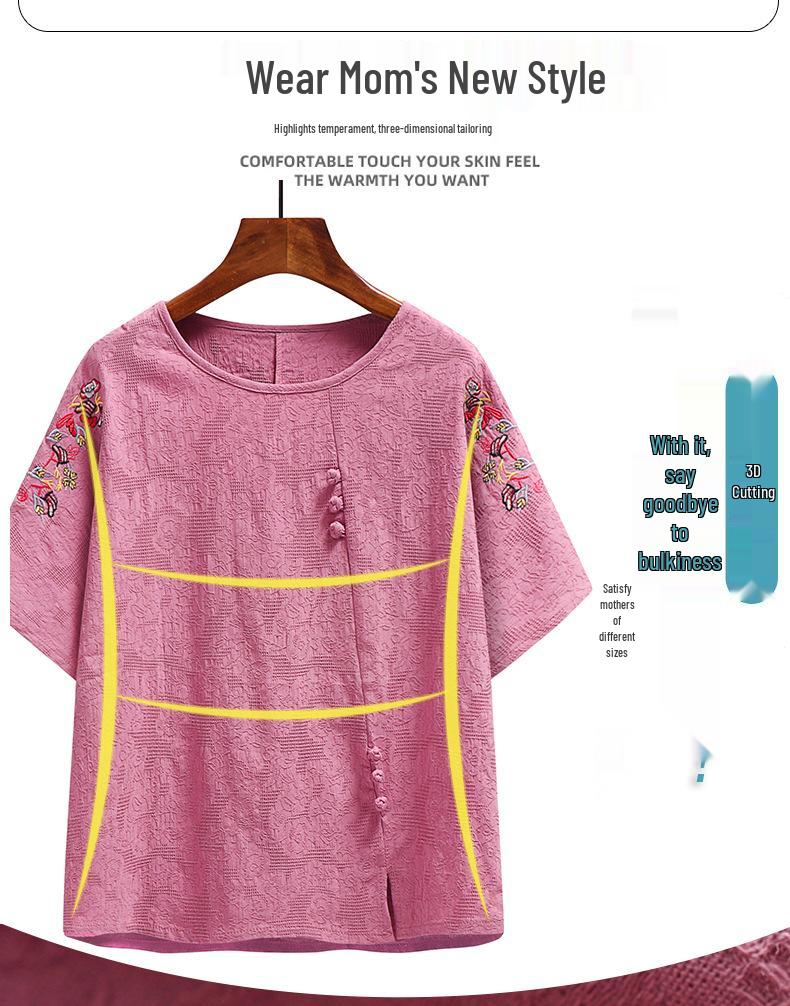 Haut brodé en coton style chinois à manches courtes pour femmes âgées - Ensemble t-shirts d'été pour mamans et grands-mères