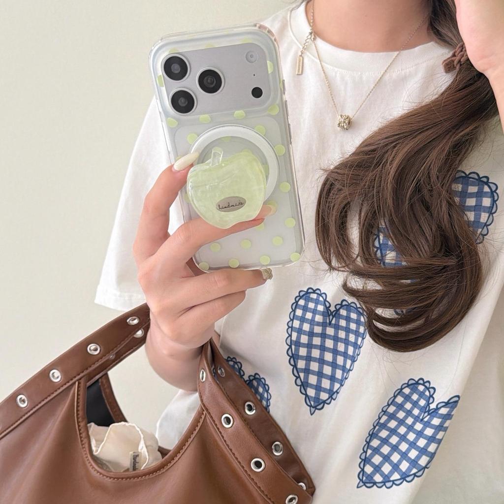 Korean Style Polka Dot Green Phone Case with Stand for iPhone 17/16/15 Pro Max