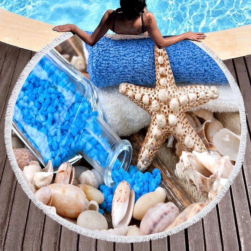 Round Beach Towels,Wave Seashell Print Sand Resistant Beach Blanket,Soft Absorbent Quick Dry Pool Towels Portable Picnic Mat