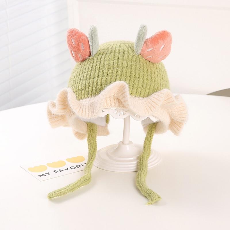 

Cute Strawberry Ears Baby Hat Winter Knitted Warm Baby Girl Cap Infant Lace Ruffle Solid Color Kids Children Beanie bonnet зелений