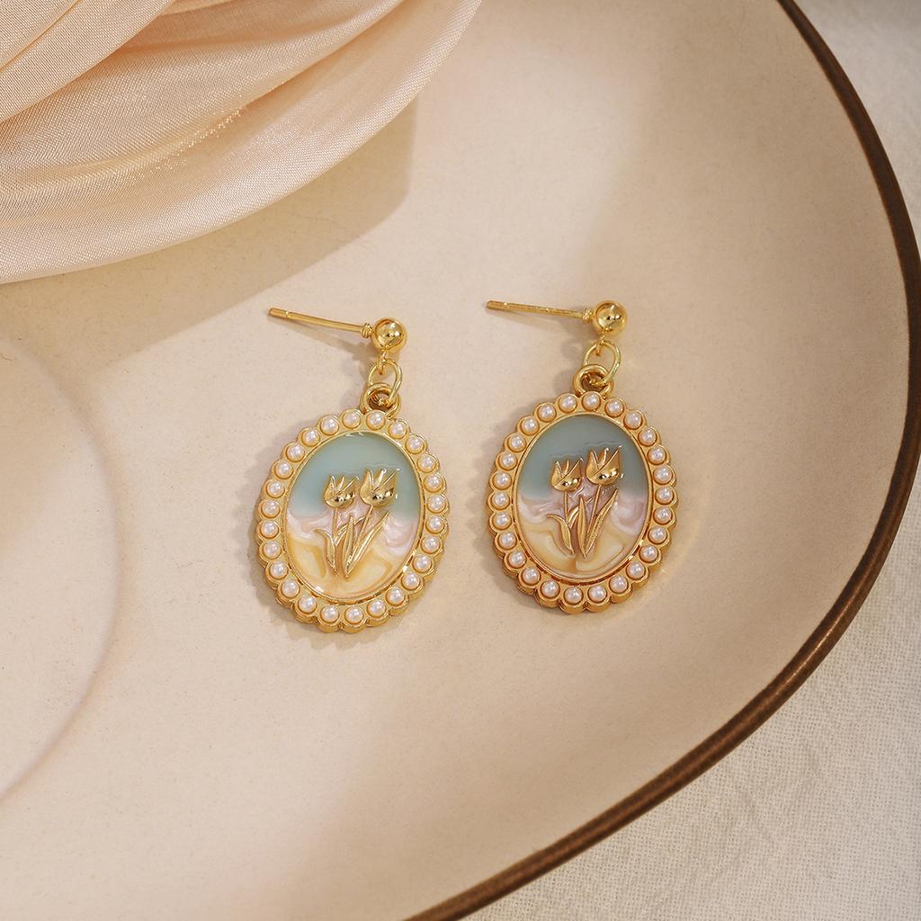 French Oil Painting Tulip Pearl Ear Hook Earclip Earrings, Medieval High-End Vintage Temperament Earrings Women