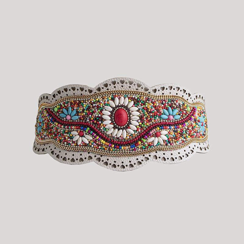 Boho Style Heavy Industry Turquoise Hollow Ethnic Style Pattern Elastic Ethnic Style Yunnan Travel Photo Elastic Tight Women's Waist Seal