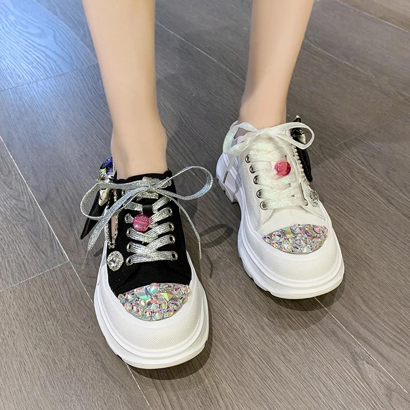 Fashion 2025 New Thick-soled Rhinestone Luxury Half Slippers Autumn Ladies Casual Breathable Sneakers Bow Knot Lovely Lolita Women Shoes