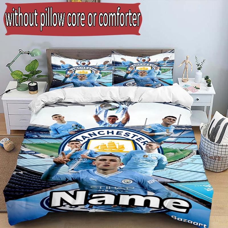 3pcs Duvet Cover Set (1*Duvet Cover + 2*Pillowcase, Without Core), Custom Name Manchester City FC Pattern Bedding Set, Home Bedroom Decor Gift