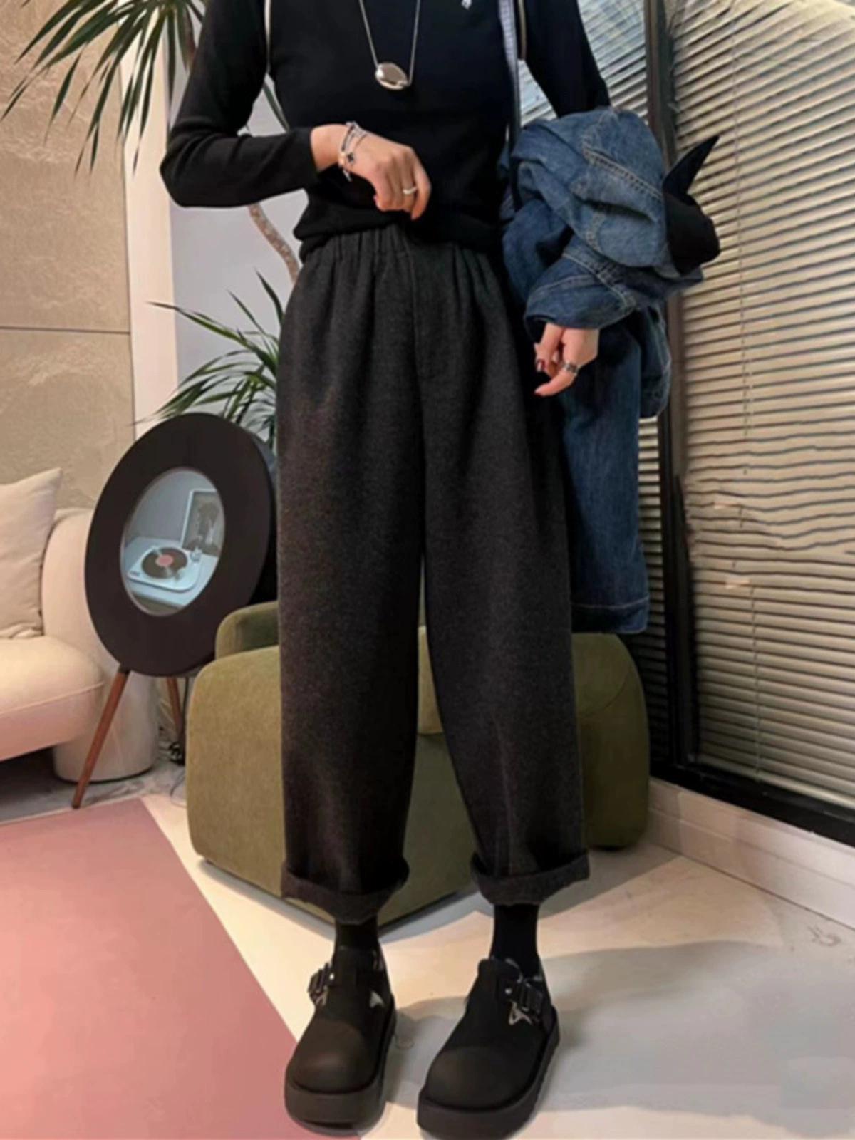 

Женские шерстяные брюки большого размера с широкими штанинами в стиле «бабушка» на осень/зиму 2024 Large чёрный