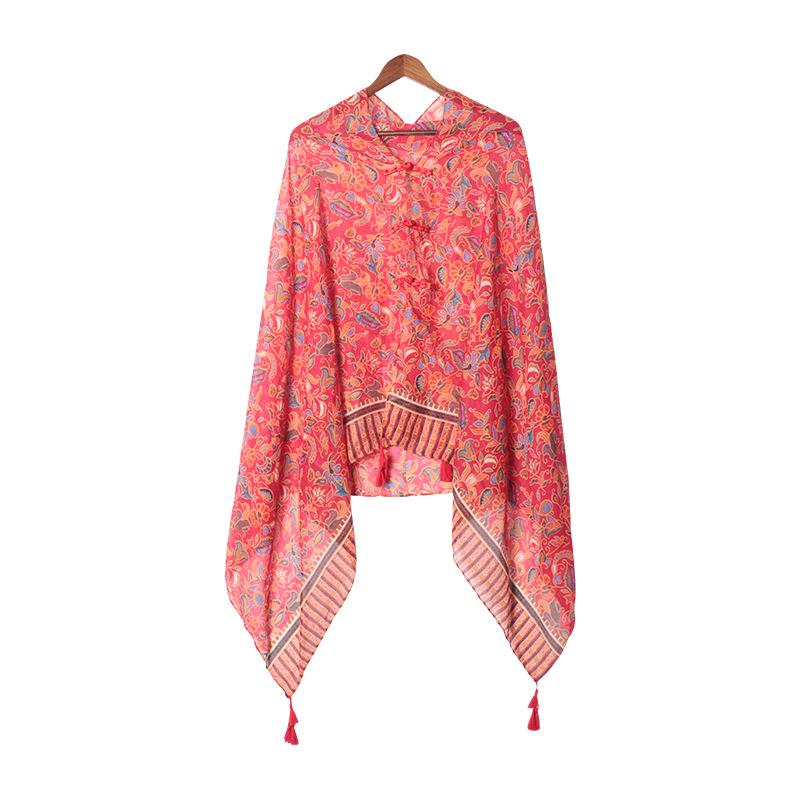 "Summer Ethnic Style Cotton-Linen Shawl: Handmade Retro Button Sunscreen Beach Cover-Up"