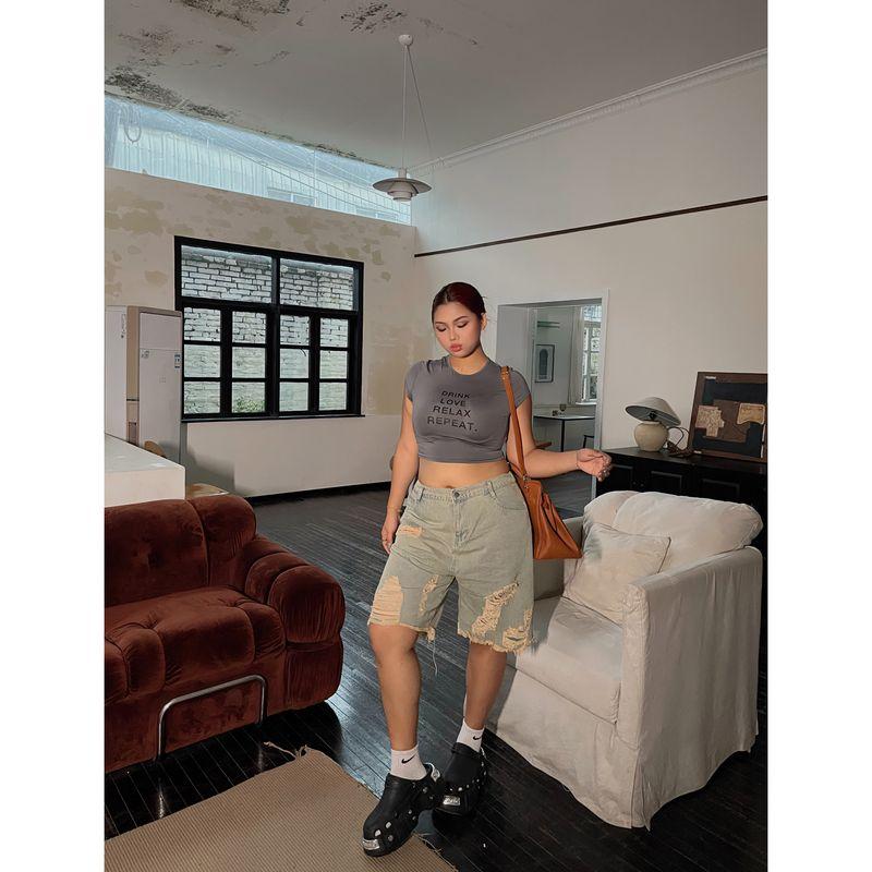 Nan Loose-Fit Raw Hem Ripped Denim Female New Arrival Summer Plus Size Plus Size Ladies High Waist Slim Looking Wide-Leg Half Pants Easiest for Match