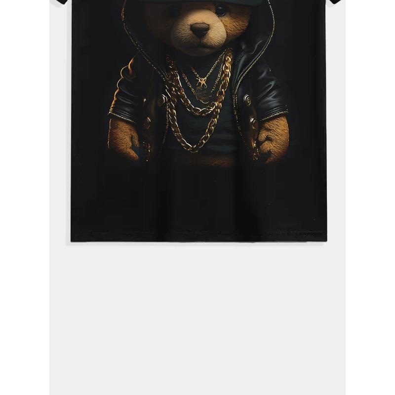 T-shirt d'été pour homme, taille européenne, pour le sport en extérieur, avec un design élégant et confortable à col rond et un motif d'ours noir et doré en 3D