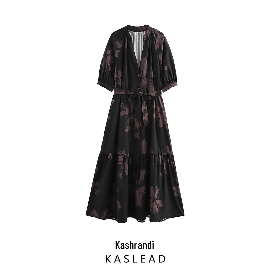 

Spring 2025 Women s V-Neck Print Puff Sleeve Dress S