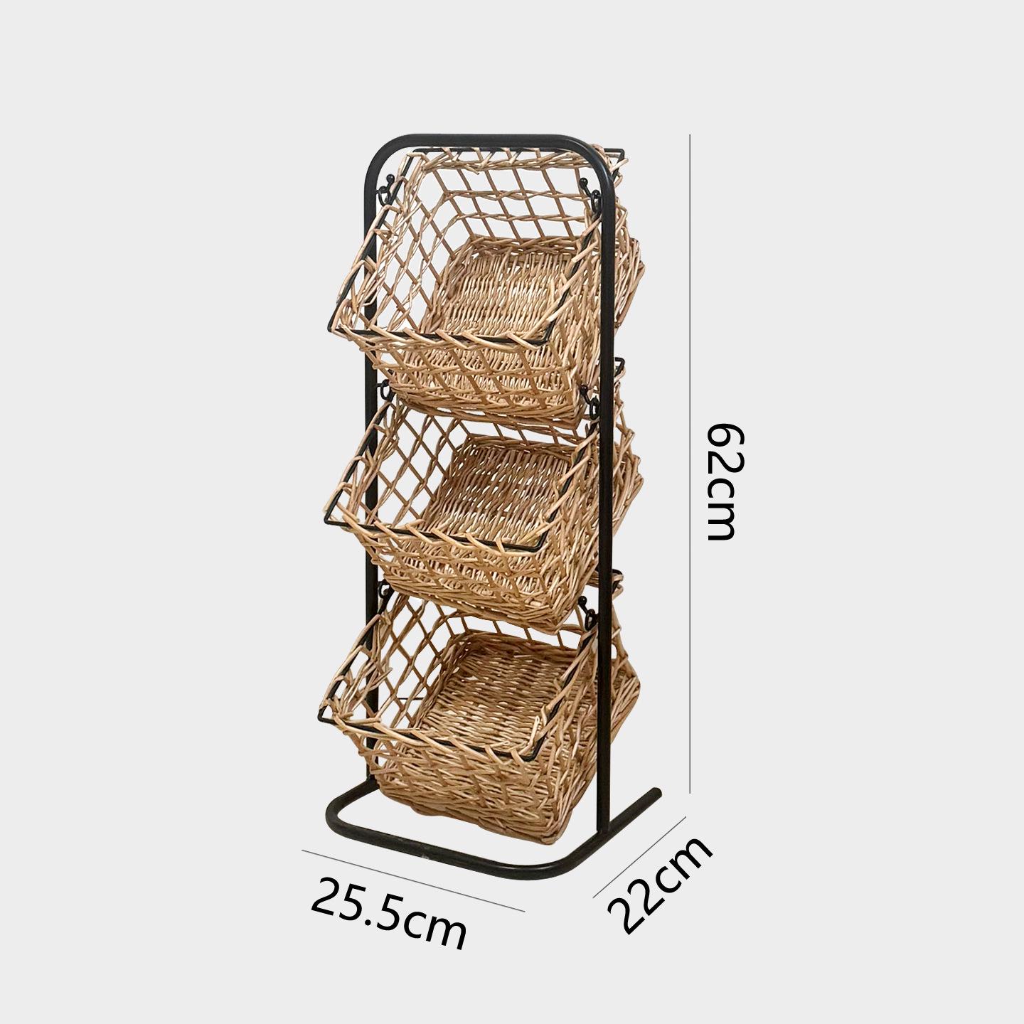 Retro Rattan Three-Tier Kitchen Shelf: Multi-functional Storage Rack for Fruits, Vegetables, and Snacks.