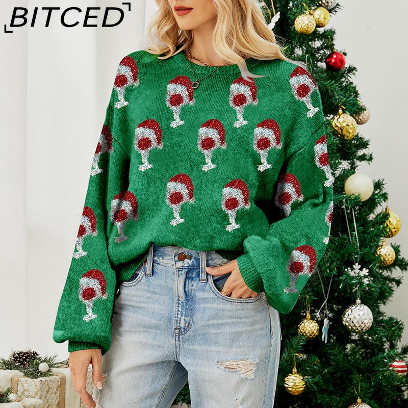 BITCED Fall/Winter Women's Pink Bubble Sleeve Pullover Christmas Sweater