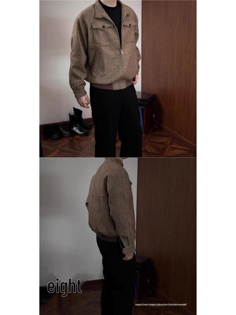 Premium Prince of Wales Check Harrington Jacket - 50% Wool Blend, Clean Fit, Short & Wide Coat