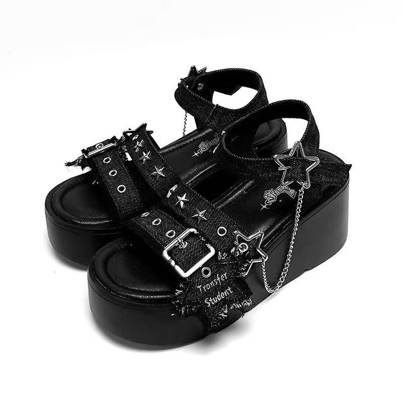 Fashion Women Fashion Buckle Platform Sandals Chain Decor Gothic Summer Shoes Women Thick Bottom Wedge Heel Sandals Sandalias De Mujer
