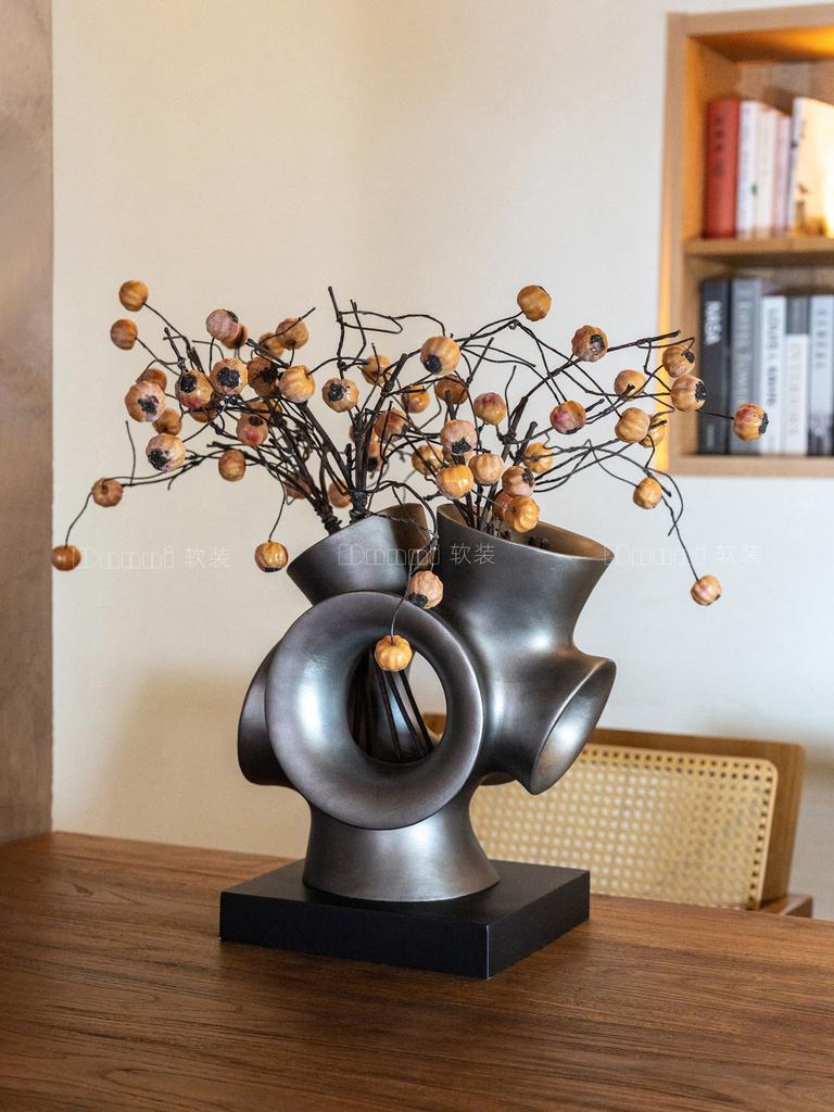 Ceramic Handicrafts Hollowed-out Pipe Flower Arrangement Retro Grey Ceramic Ornaments Abstract Geometric Pot Home Accessories