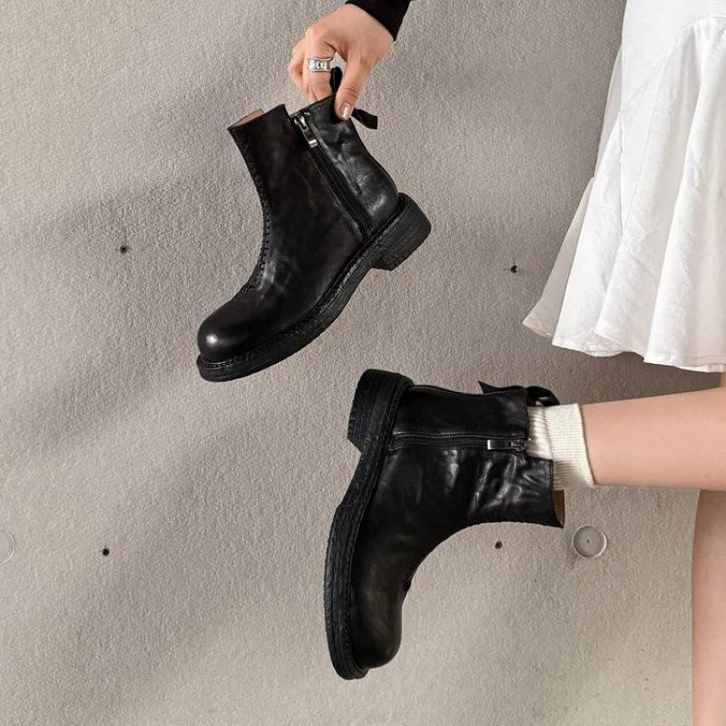 New women's leather Martin boots solid color medium heel rubber thick sole round head versatile comfortable zipper cowhide mid-tube boots