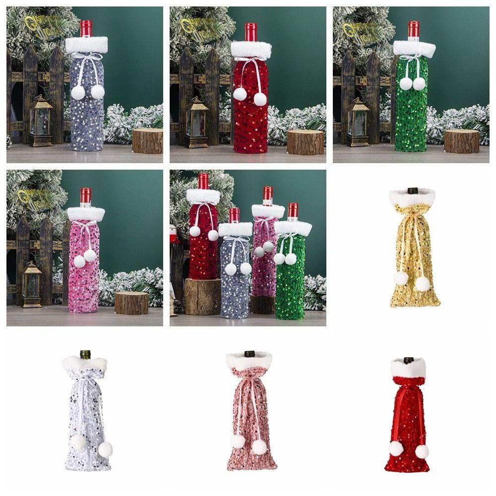 Cute Xmas Wine Bottle Cover Plush Ball Dust-proof Christmas Wine Bottle Bags Non-woven Sparkling Santa Claus Wine Bags